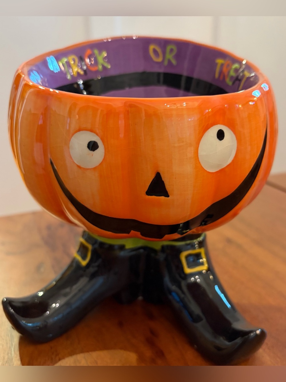 Ceramic Pumpkin Witch Feet Candy Bowl Jack-O-Lantern Footed Trick Treat Dish VTG